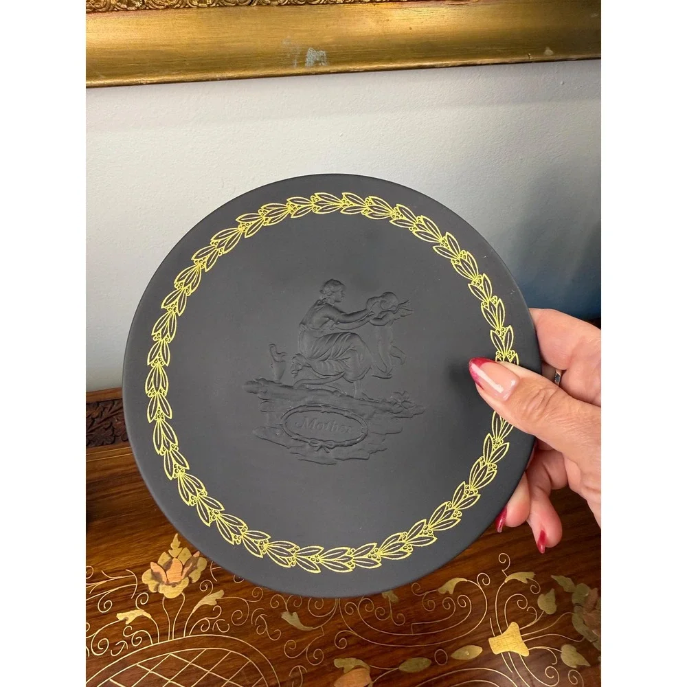 Vintage Wedgwood Mother Plate • Black Basalt Jasperware Gold Relief